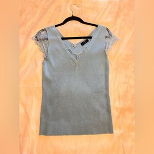 Light Blue Ribbed Knit Lace Sleeve Top – Size L